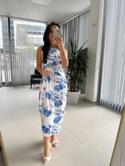 My 3736 Saks Broş Detaylı Jakarlı Elbise