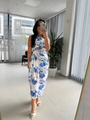 My 3736 Saks Broş Detaylı Jakarlı Elbise