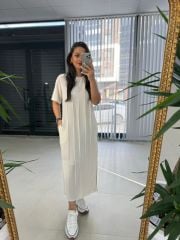 Ms Çima Dikişli Pamuk Keten Krem Elbise