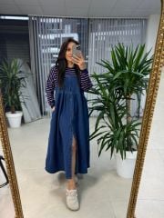 Dr 8111 Tasarım Kırmızı Çizgili Denim Elbise