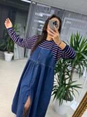 Dr 8111 Tasarım Kırmızı Çizgili Denim Elbise