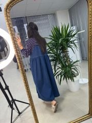 Dr 8111 Tasarım Kırmızı Çizgili Denim Elbise