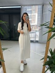 Ms Çima Dikişli Pamuk Keten Krem Elbise