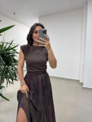 Mz 22805 Vatkalı Verev Kesim Kahve Tişört