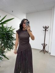 Mz 22805 Vatkalı Verev Kesim Kahve Bluz