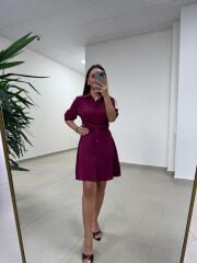 Sh 8696 Bel Kuşaklı Mürdüm Gömlek Elbise