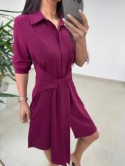 Sh 8696 Bel Kuşaklı Mürdüm Gömlek Elbise