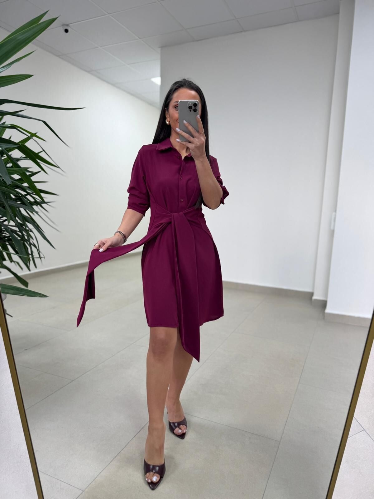 Sh 8696 Bel Kuşaklı Mürdüm Gömlek Elbise