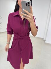 Sh 8696 Bel Kuşaklı Mürdüm Gömlek Elbise