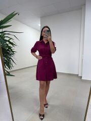 Sh 8696 Bel Kuşaklı Mürdüm Gömlek Elbise