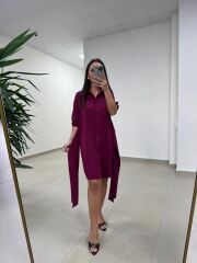 Sh 7696 Bel Kuşaklı Mürdüm Gömlek Elbise