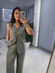 Cr 4010 Haki Yelekli Düğmeli Takım