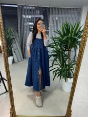 Dr 8111 Tasarım Gri Denim Elbise