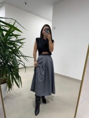 Ms 7094 Bel Detaylı Antrasit Yün Efektli Etek