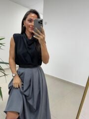 Ms 7094 Bel Detaylı Antrasit Yün Efektli Etek