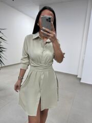 Sh 7696 Bel Kuşaklı Taş Gömlek Elbise