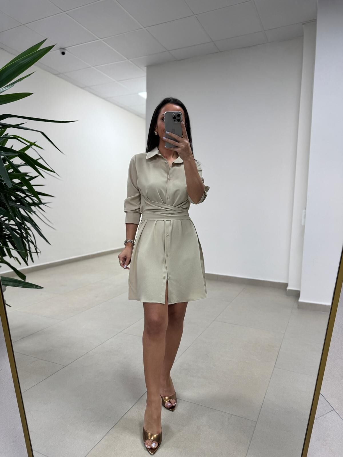 Sh 8696 Bel Kuşaklı Taş Gömlek Elbise