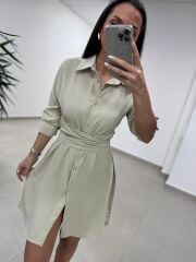 Sh 8696 Bel Kuşaklı Taş Gömlek Elbise