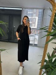 Ms Çima Dikişli Pamuk Keten Siyah Elbise