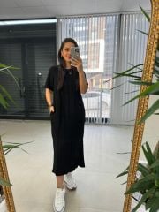 Ms Çima Dikişli Pamuk Keten Siyah Elbise