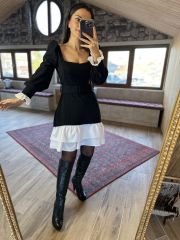 Kare yaka poplin detaylı crep elbise