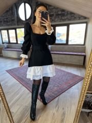 Kare yaka poplin detaylı crep elbise