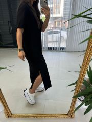 Ms Çima Dikişli Pamuk Keten Siyah Elbise