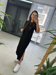 Ms Çima Dikişli Pamuk Keten Siyah Elbise