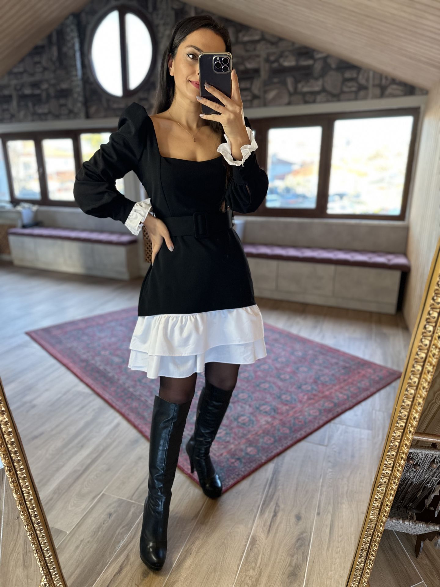 Kare yaka poplin detaylı crep elbise