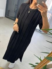 Ms Çima Dikişli Pamuk Keten Siyah Elbise