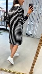 Gömlek yaka Siyah çizgili sweat elbise
