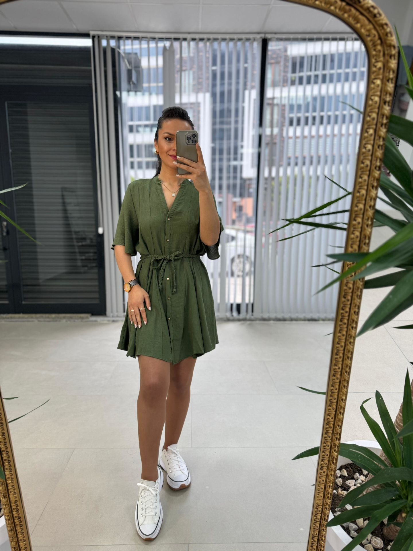 Zr Örgü Kemerli Haki Elbise