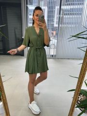 Zr Örgü Kemerli Haki Elbise