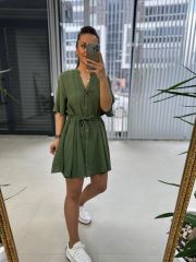 Zr Örgü Kemerli Haki Elbise