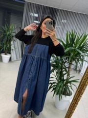 Dr 8111 Tasarım Siyah Denim Elbise