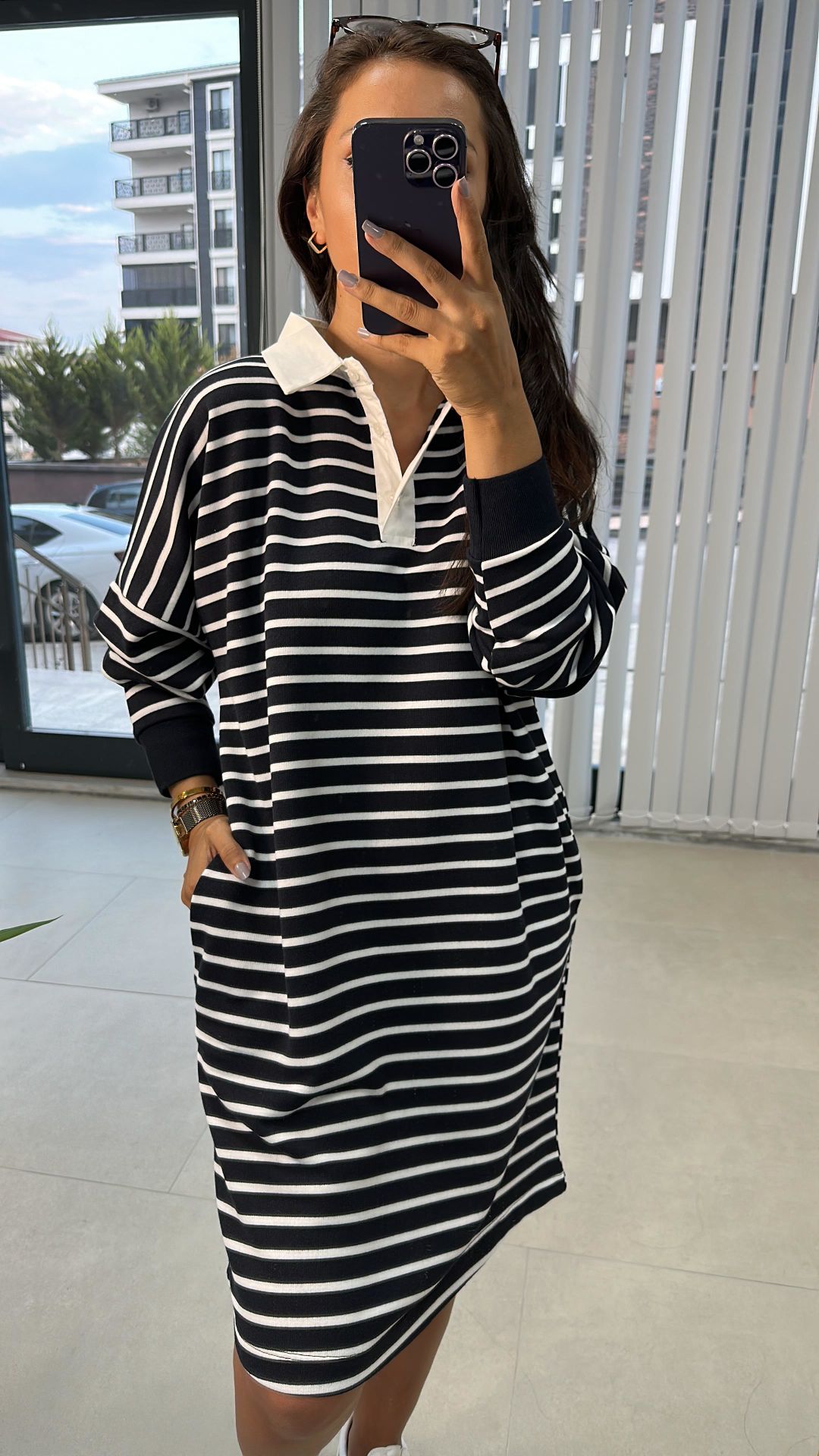 Gömlek Yaka Laci Çizgili Sweat Elbise