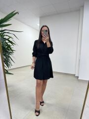 Sh 8696 Bel Kuşaklı Siyah Gömlek Elbise