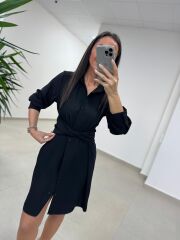 Sh 8696 Bel Kuşaklı Siyah Gömlek Elbise