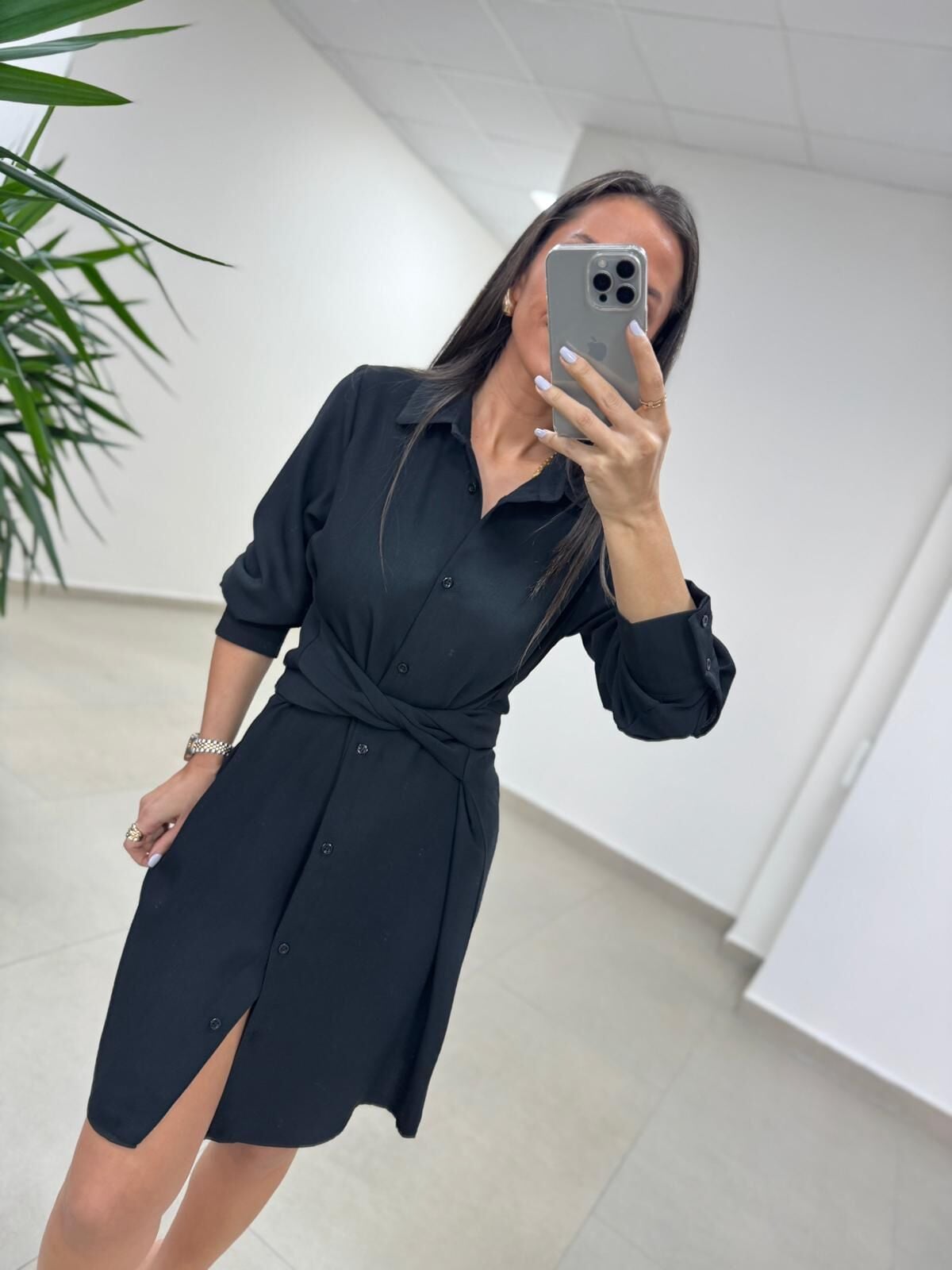 Sh 8696 Bel Kuşaklı Siyah Gömlek Elbise