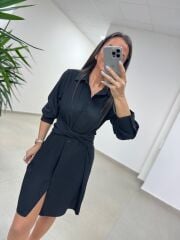 Sh 8696 Bel Kuşaklı Siyah Gömlek Elbise