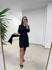Sh 8696 Bel Kuşaklı Siyah Gömlek Elbise