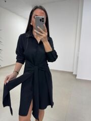 Sh 8696 Bel Kuşaklı Siyah Gömlek Elbise