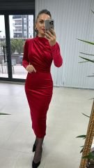 Ms Drapeli Kırmızı Kadife Elbise