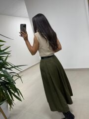 Ms 7094 Bel Detaylı Haki Yün Efektli Etek