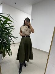 Ms 7094 Bel Detaylı Haki Yün Efektli Etek