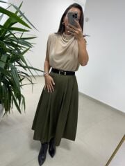 Ms 7094 Bel Detaylı Haki Yün Efektli Etek