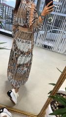 My Bej Kemerli Şifon Elbise