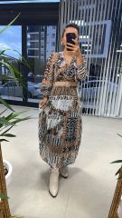 My Bej Kemerli Şifon Elbise