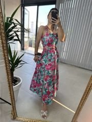 Pembe çiçekli ikili poplin takım
