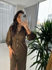 Ms Beli Lastikli Haki Süet Gömlek Elbise